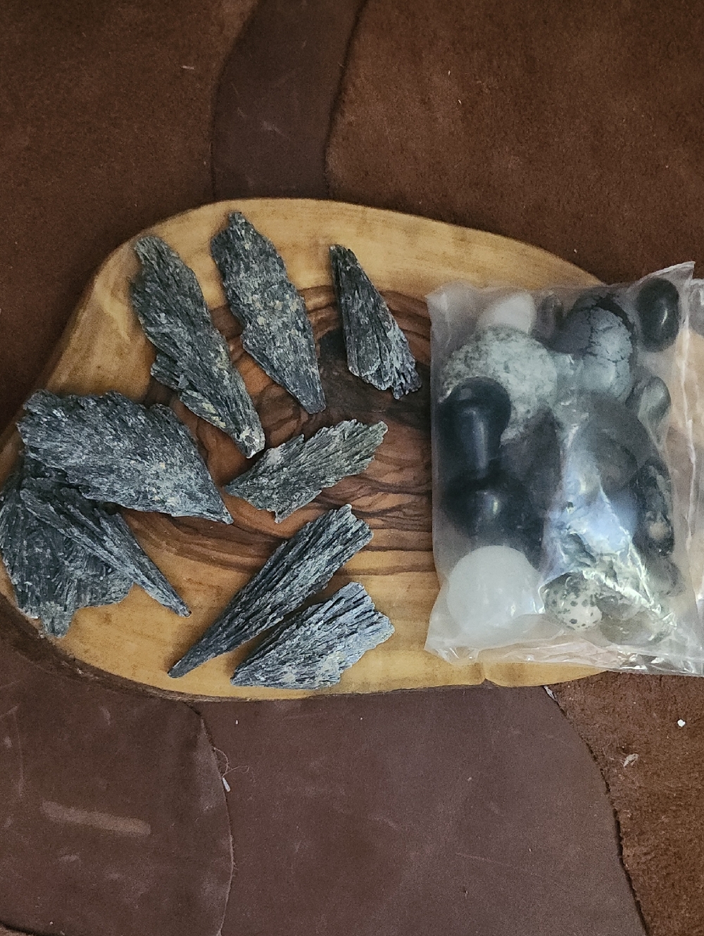 Natural Black Kyanite Blade Cluster with Mixed Tumbled Stones Bundle